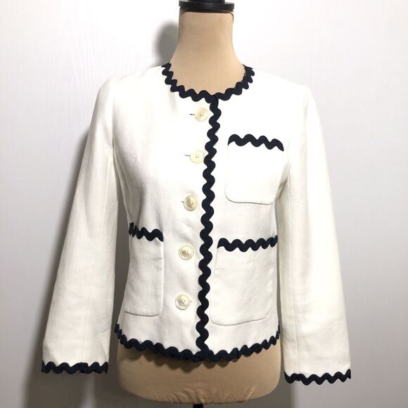J Crew Linen Jacket Womens 2 White Blue Blazer Ric Rac Trim Career Office - Picture 2 of 15